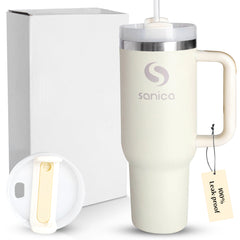 40 oz tumbler with handle and straw | Flowstate 3-Position Lid | Smoothie Cup | Compatible for Travel Cup | Insulated Stainless Steel Tumbler | BPA-Free | Cream