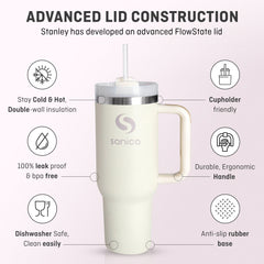 40 oz tumbler with handle and straw | Flowstate 3-Position Lid | Smoothie Cup | Compatible for Travel Cup | Insulated Stainless Steel Tumbler | BPA-Free | Cream