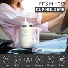 40 oz tumbler with handle and straw | Flowstate 3-Position Lid | Smoothie Cup | Compatible for Travel Cup | Insulated Stainless Steel Tumbler | BPA-Free | Cream